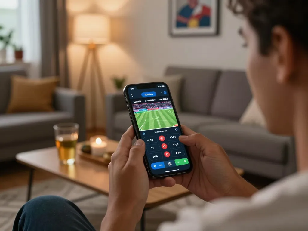 w 88 online sports betting experience on smartphone in a cozy living room.