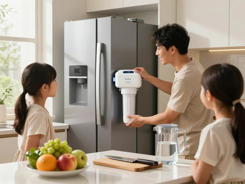 Family installing EcoAqua EFF-6027A Replacement Filter in modern kitchen, ensuring clean drinking water.