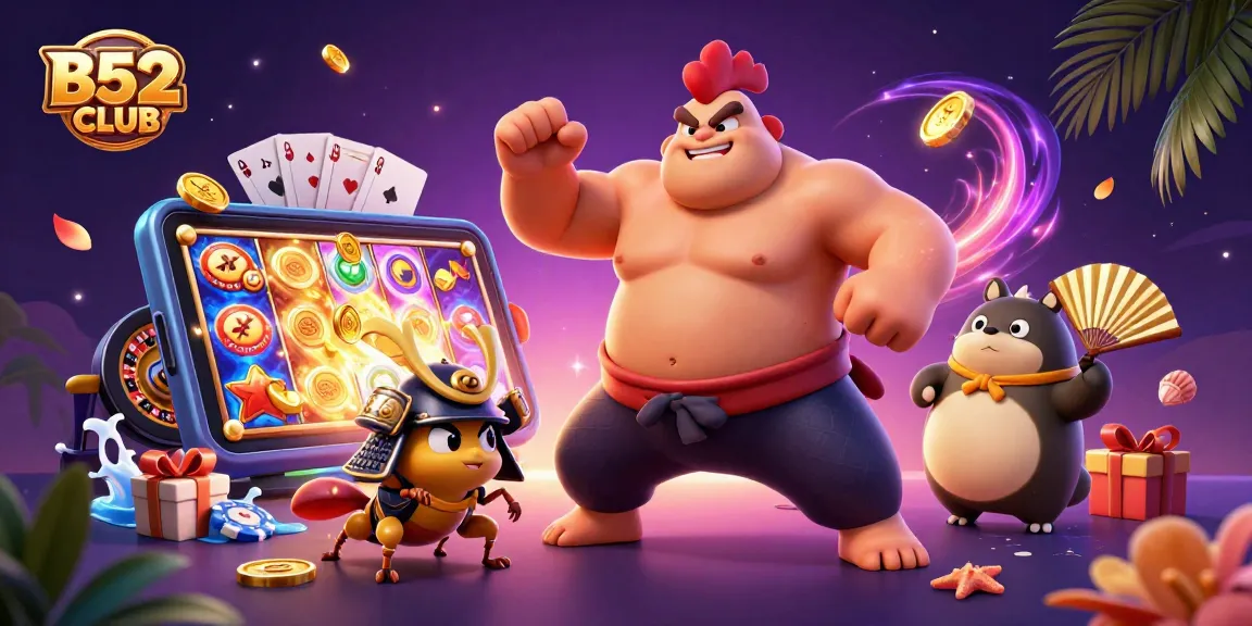 B52CLUB features a dynamic 3D illustration of a sumo wrestler rooster, fighting cricket, and tanuki in a vibrant casino scene.