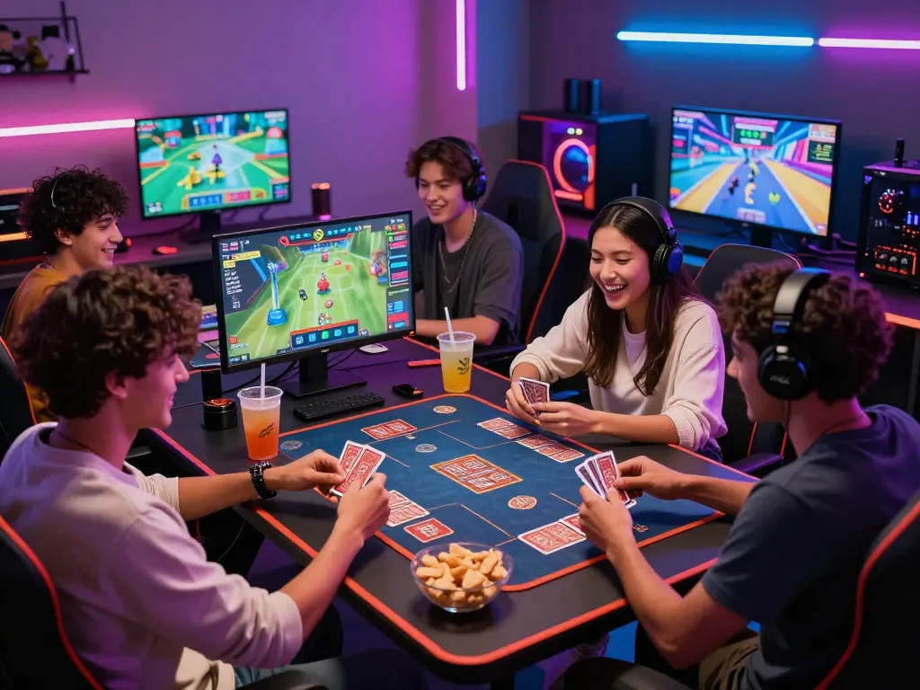 TIN TỨC hubet88 friends enjoying online card games in a vibrant gaming setup.