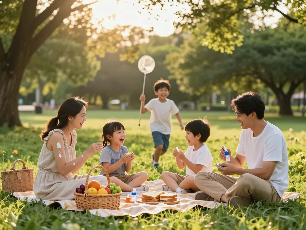 A family applying mosquito repellent during a picnic, enjoying a sunny day outdoors with vibrant scenery.