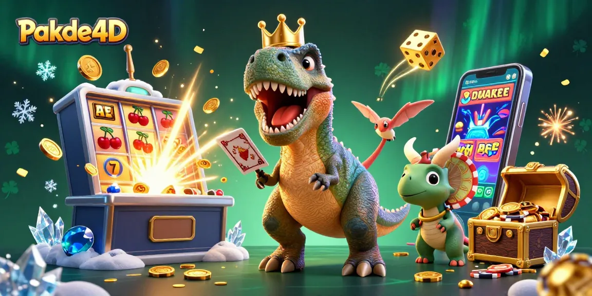 Engage with Pakde4D's thrilling jackpot experience featuring cartoon dinosaurs in a vibrant casino scene.