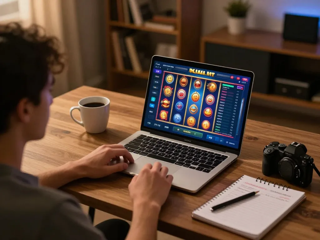 Engaging user maximizing winnings with slot bet kecil on a laptop in a cozy home setup.