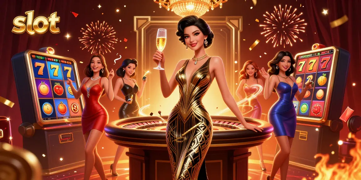 Engaging scene showcasing slot gaming excitement featuring a woman with champagne, slot reels, and colorful casino elements.