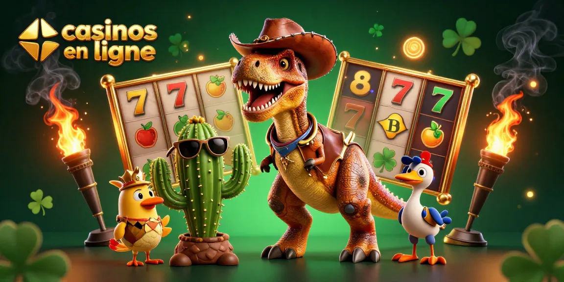 Jouez aux casinos en ligne avec une illustration de T-Rex cowboy et des éléments de machines à sous.