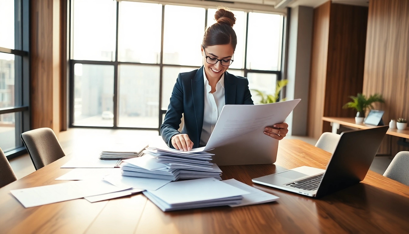 Streamlining Contract Management with a dedicated businesswoman in a modern office.
