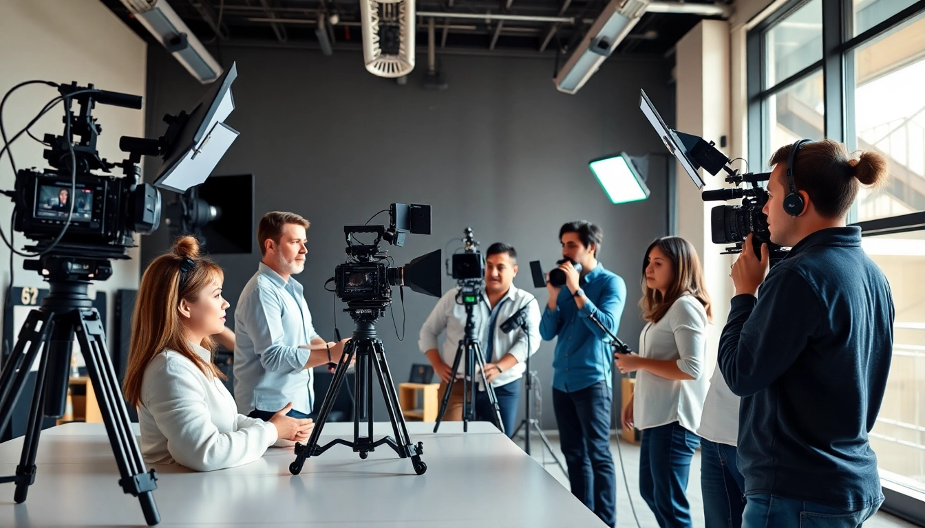 Dynamic scene of a professional oronto video production company team collaborating in a modern studio.