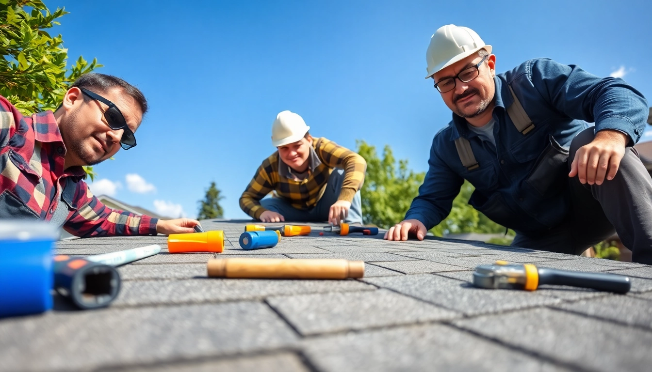 Showcase of reliable roofing services with a team inspecting a roof highlighting professionalism and care.