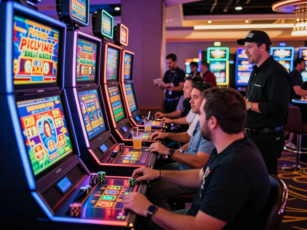 Pemain menikmati mesin link slot di kasino Las Vegas yang semarak.
