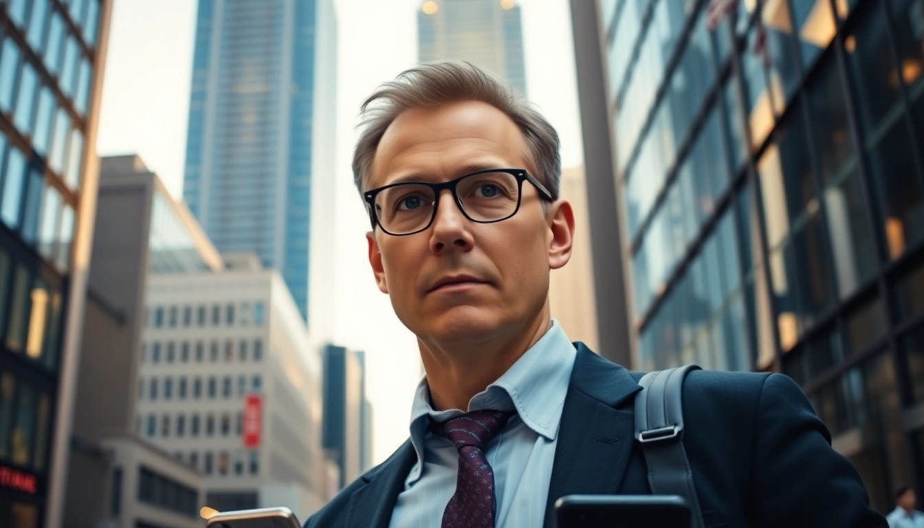 Mark Baum analyzing financial trends with a thoughtful expression in a dynamic city backdrop.