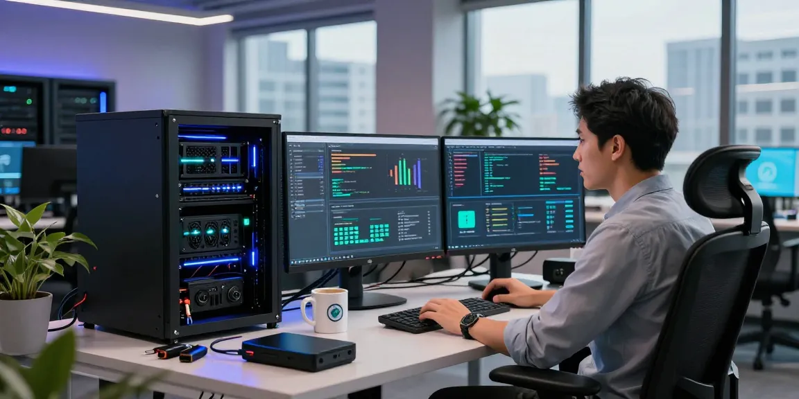 Configuring servidores VPS in a high-tech workspace with multiple monitors and server management tools.