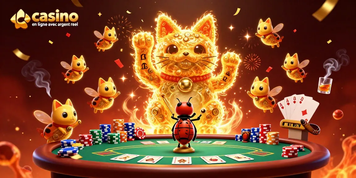 Jouez sur le meilleur casino en ligne avec argent réel, entouré de symboles de chance et de poker.