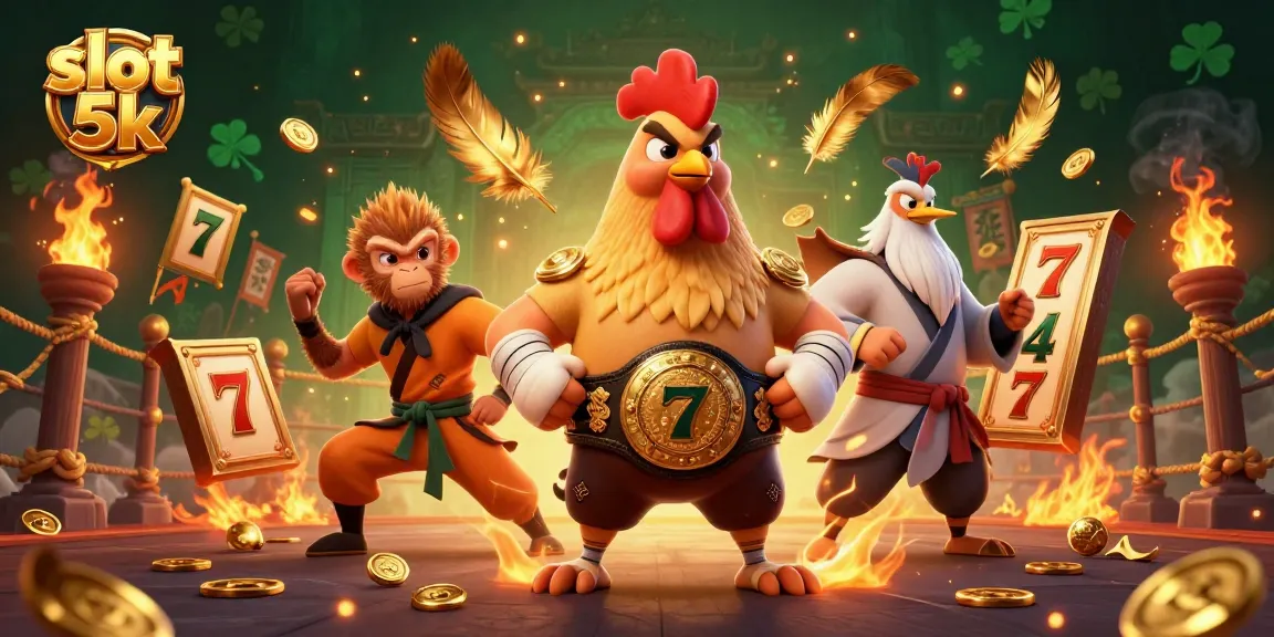 Engage with the dynamic slot 5k scene showcasing roosters, monkeys, and cranes amidst vibrant casino elements.