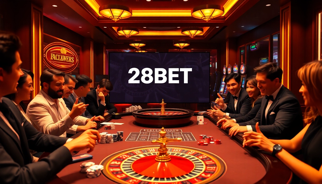 Engaging players enjoying a luxurious 28BET gaming experience at a sophisticated casino table.