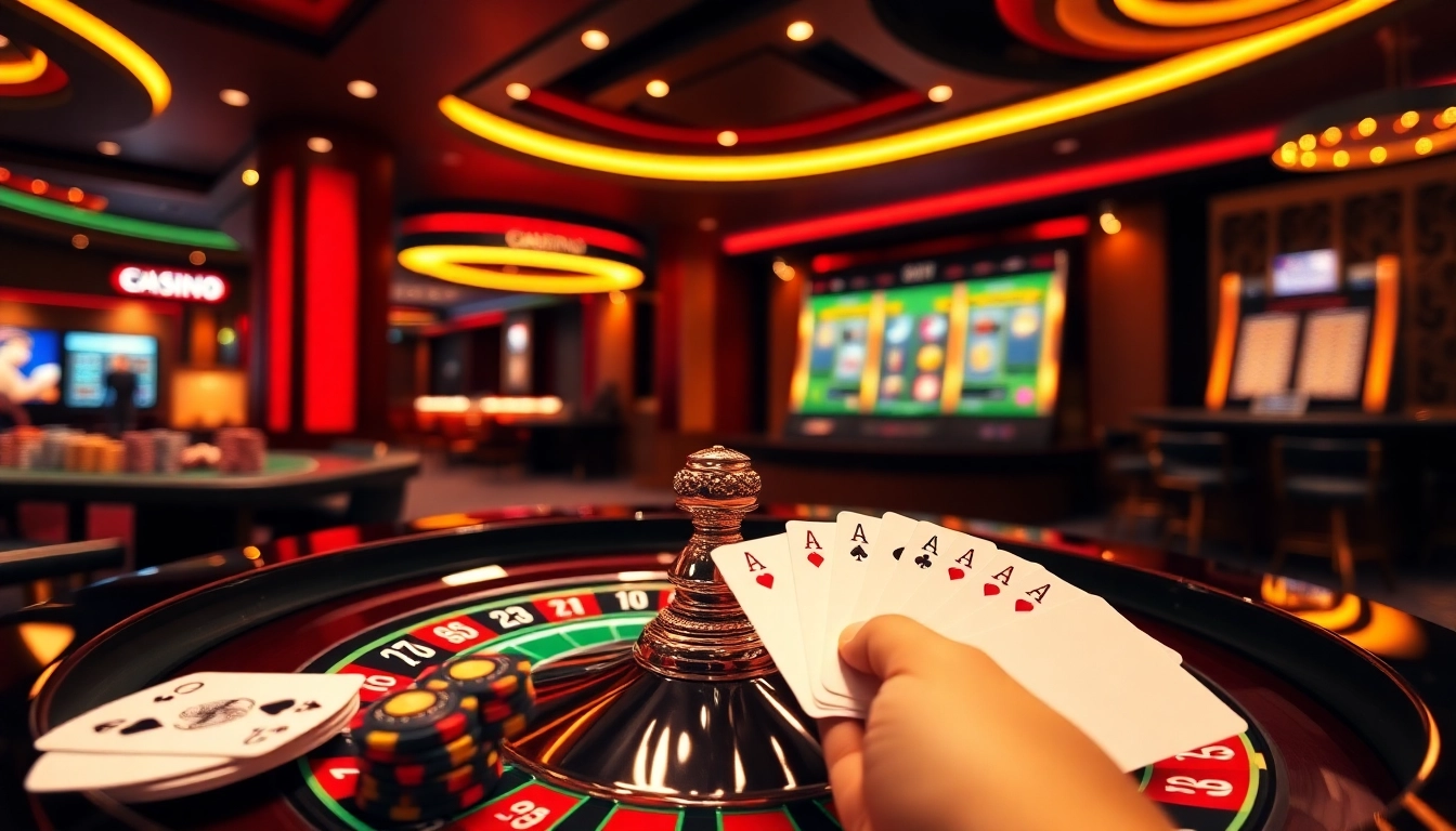 Vivez l'excitation du casino en ligne Français avec des éléments de roulette et de poker dans une scène de casino vibrante.