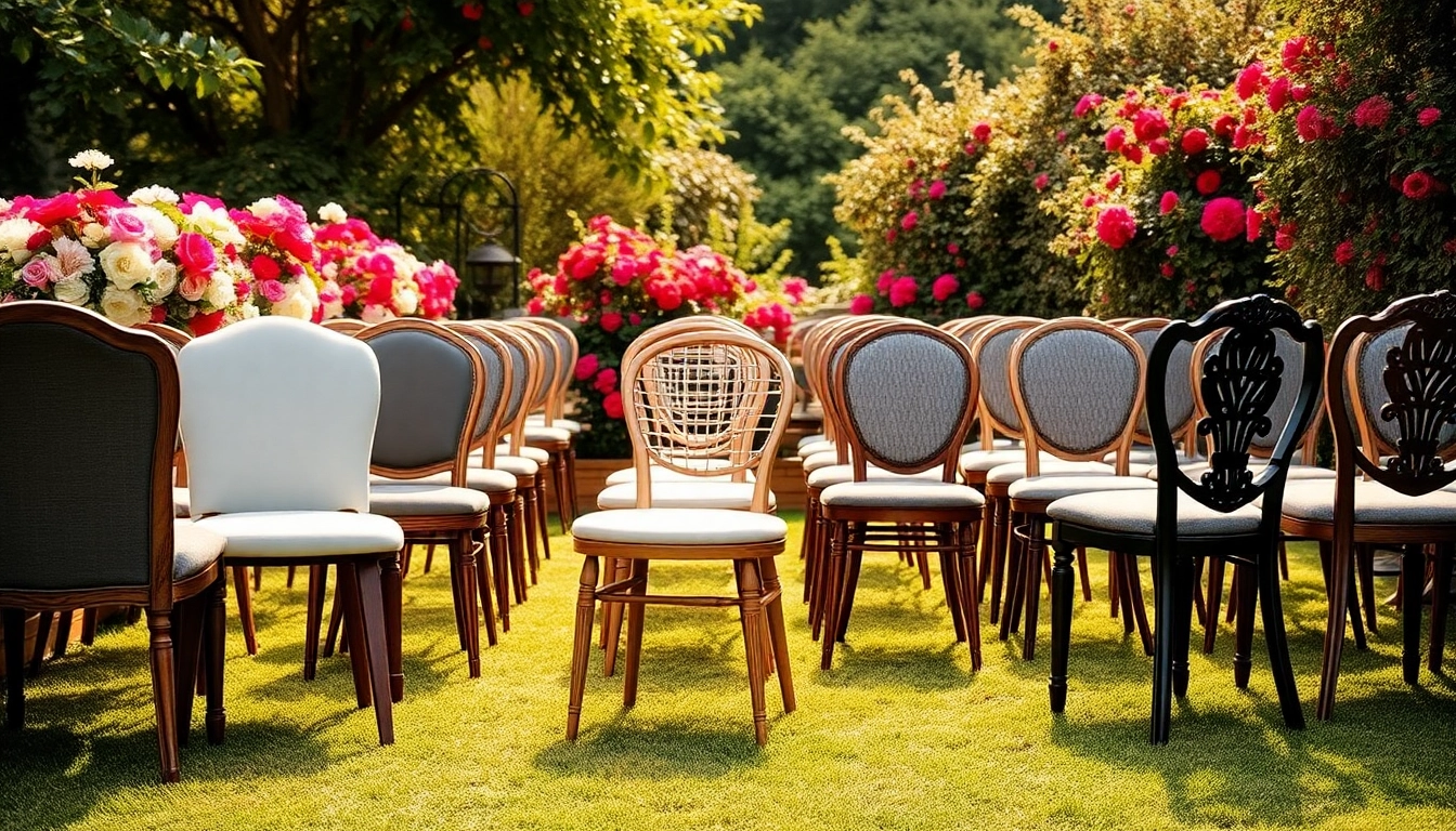 Chair Rentals displayed in an elegant outdoor setting with lush greenery and vibrant blooms.