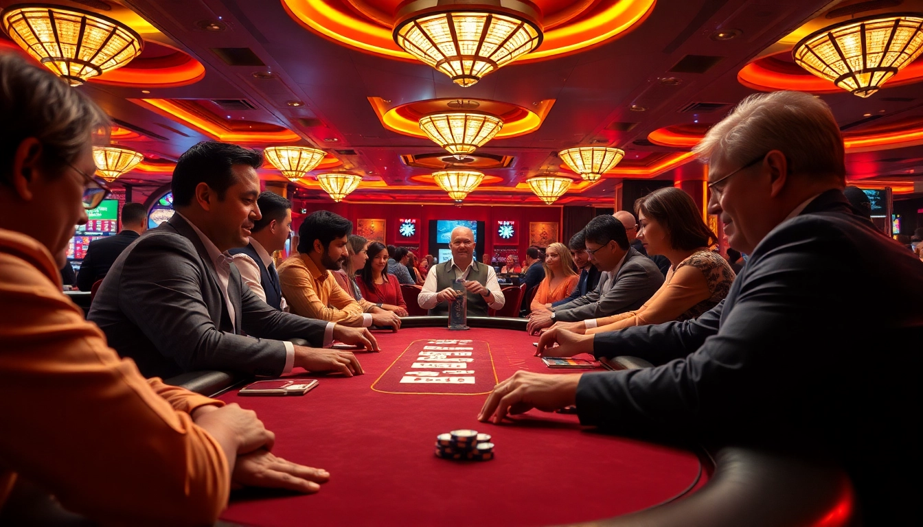 MABAR88 memperlihatkan suasana kasino yang hidup dengan pemain poker yang antusias.