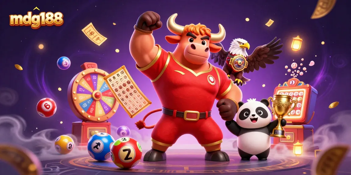 Experience exciting wins at mdg188 with a vibrant scene of characters and colorful gambling elements.