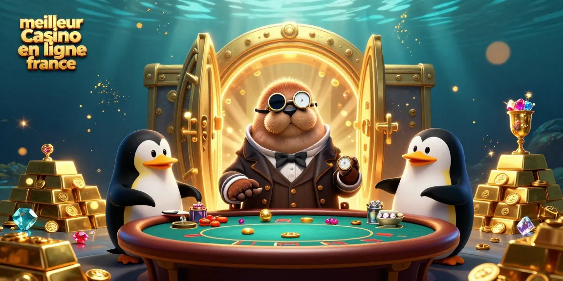Gagnez au meilleur casino en ligne France avec ce visuel captivant sous-marin, où un phoque joue au poker.