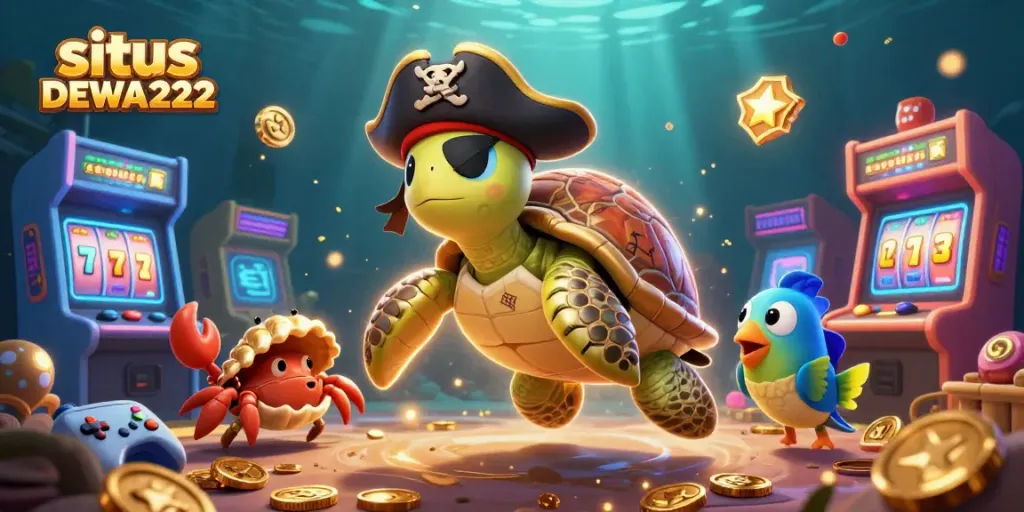 Engage in exciting games at situs DEWA222, featuring slot reels and vibrant sea creatures.