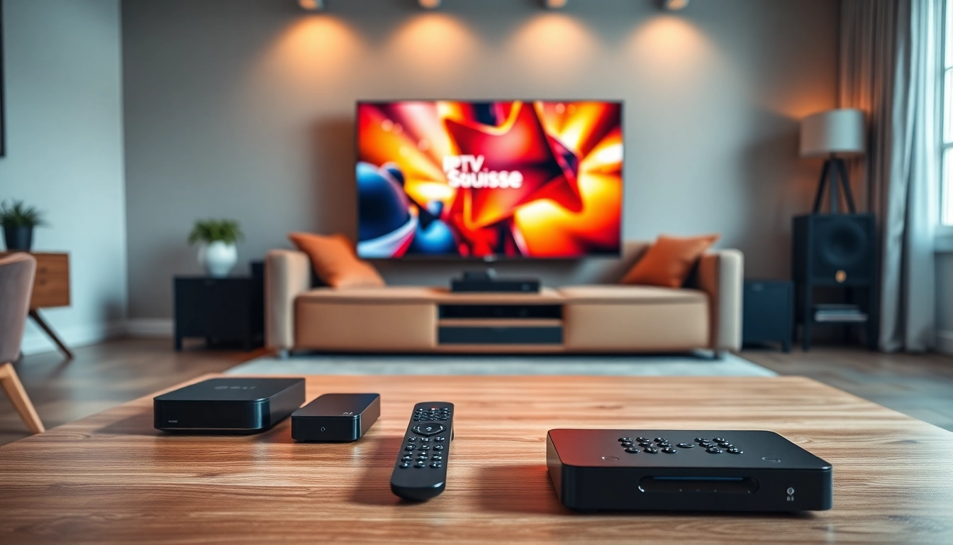 Engage with IPTV Suisse content in a modern living room streaming setup featuring vibrant visuals.