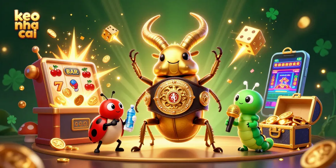 Engage with keo nha cai through a colorful 3D illustration of a cartoon stag beetle boxing champion at a vibrant casino scene.