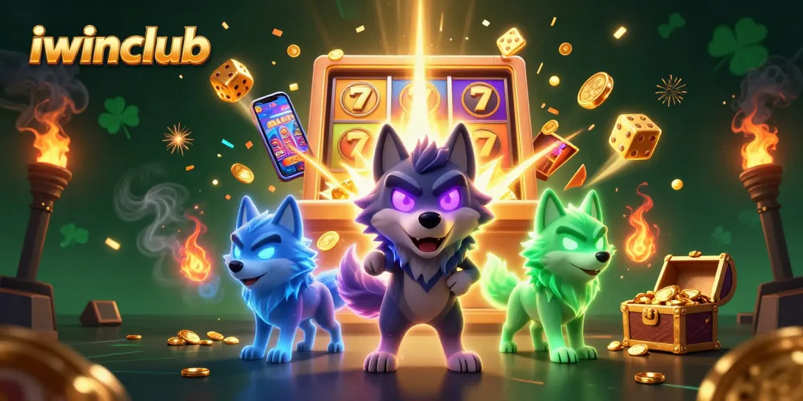 Iwinclub's exciting online casino action featuring a shadow wolf leader and dynamic slot machine scene.