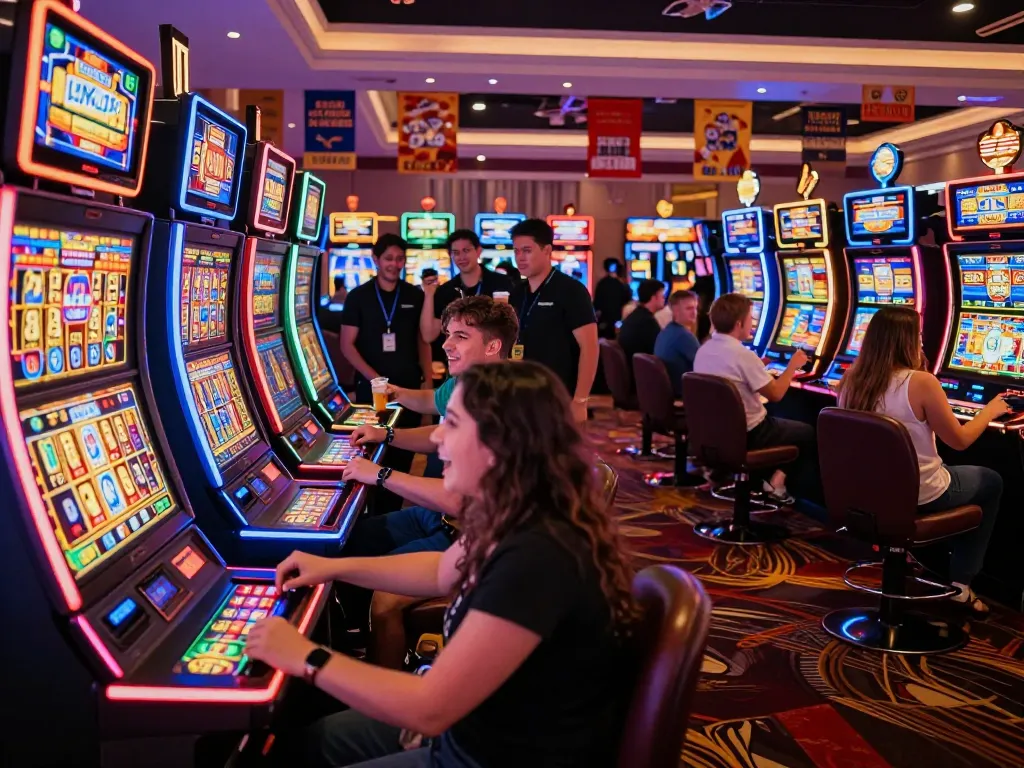 Excited players engaging with link slot machines in a lively casino atmosphere.