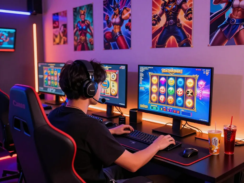 Pemain yang terlibat menjelajahi slot gacor hari ini di ruang permainan yang diterangi neon dengan visual yang energik.