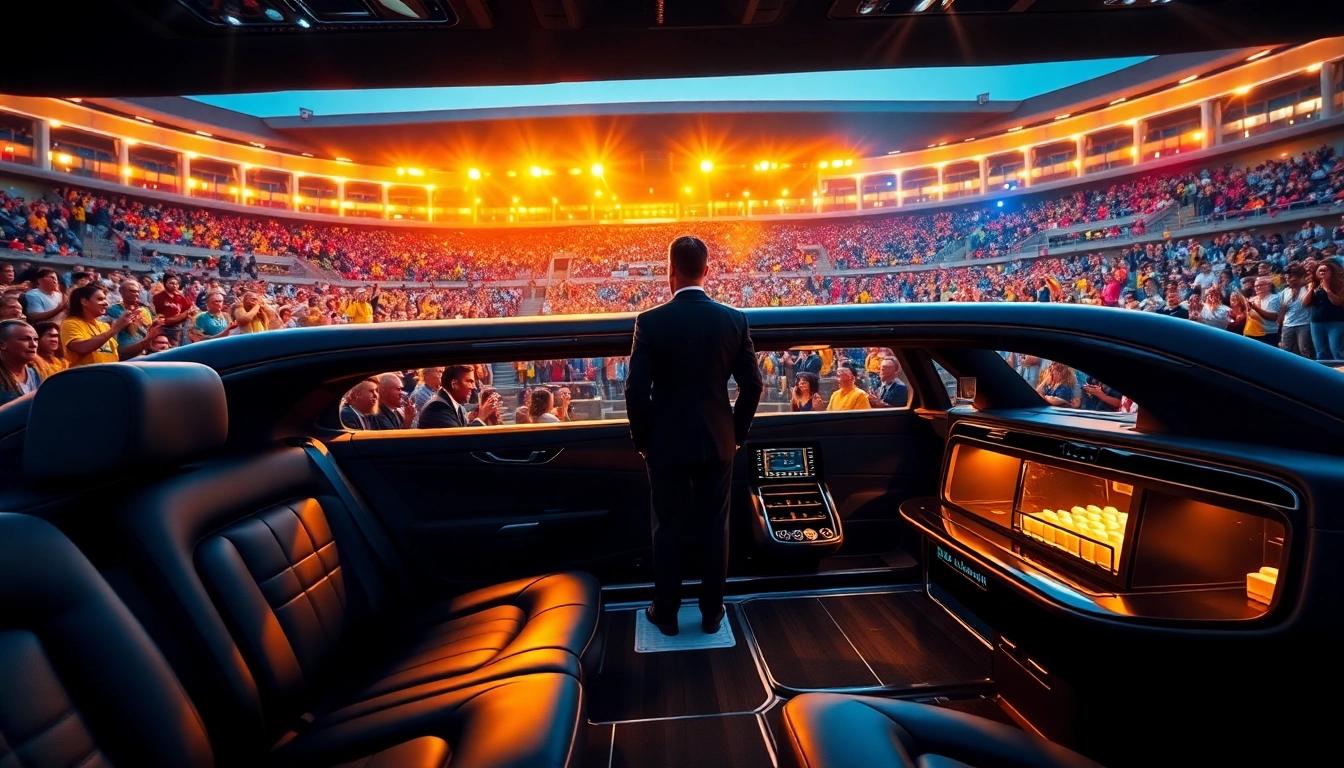 World Cup Group Transportation in a luxury limousine with excited fans outside a stadium.