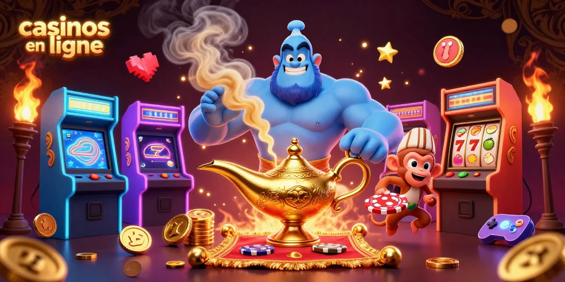Gagnez avec des jeux dans les casinos en ligne, où une lampe magique et des éléments de jeu s'animent.