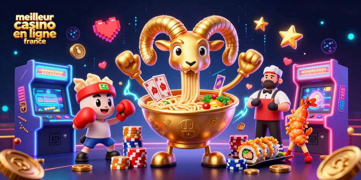 Illustration dynamique et colorée présentant le meilleur casino en ligne France avec des personnages de sushi et des éléments de jeu.