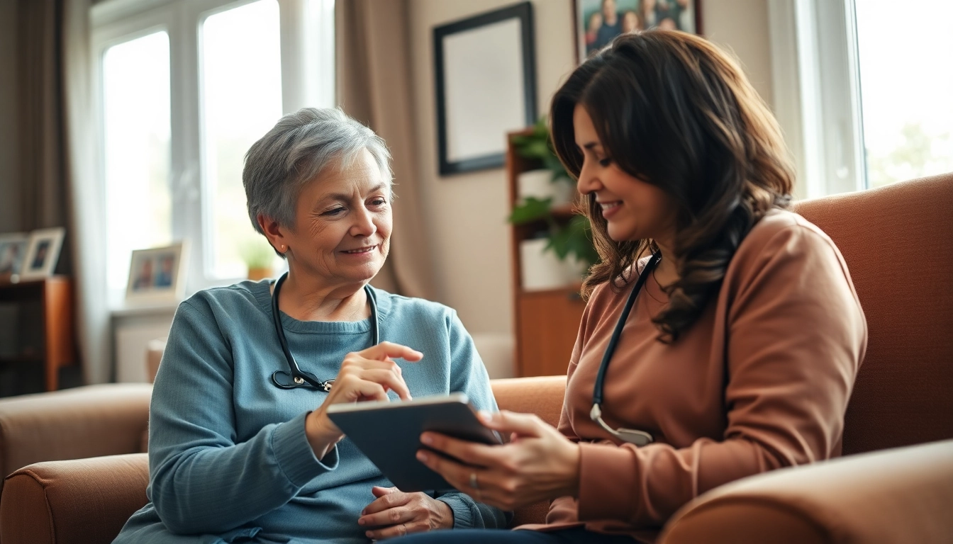 Caregiver providing in home care for seniors in a warm and inviting living room.