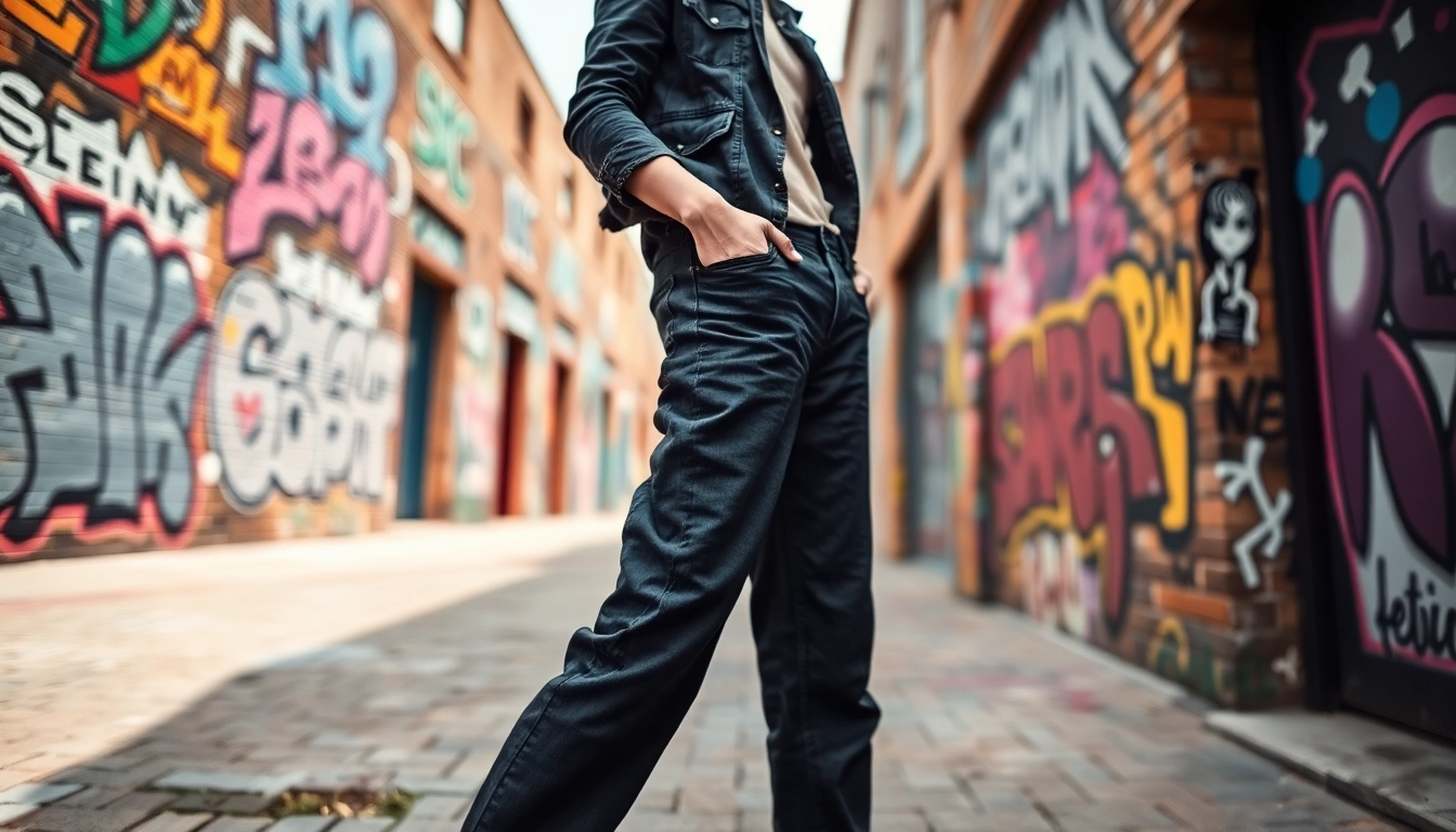 Model showcasing baggy black jeans in a colorful urban setting, radiating confidence and style.