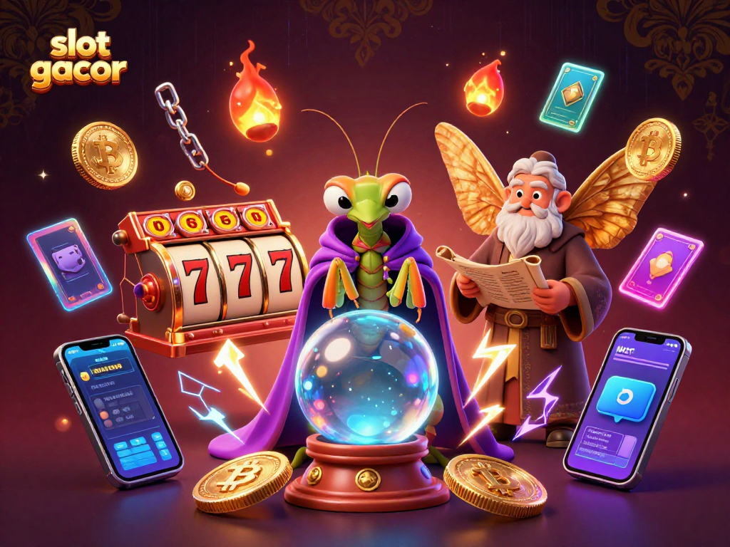 Engage in vibrant slot gacor action with mystical characters and glowing crypto elements in this colorful casino illustration.