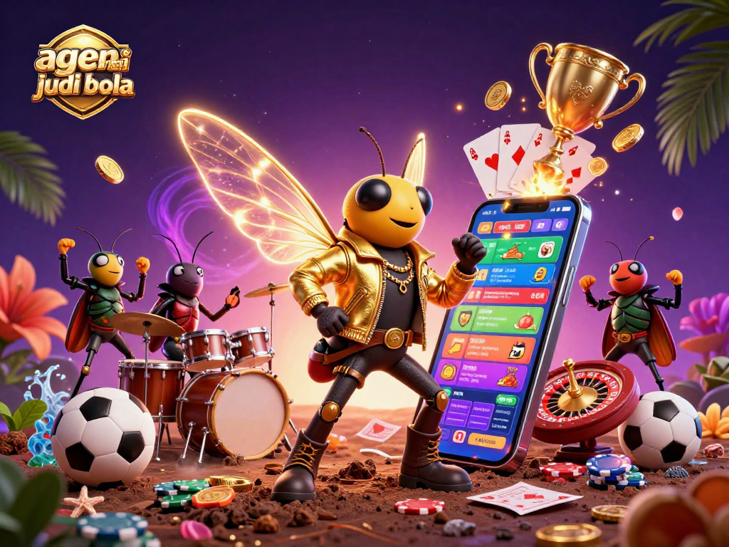 Experience the thrill of sports betting with agen resmi judi bola in a dynamic 3D illustrated scene featuring exciting game elements.