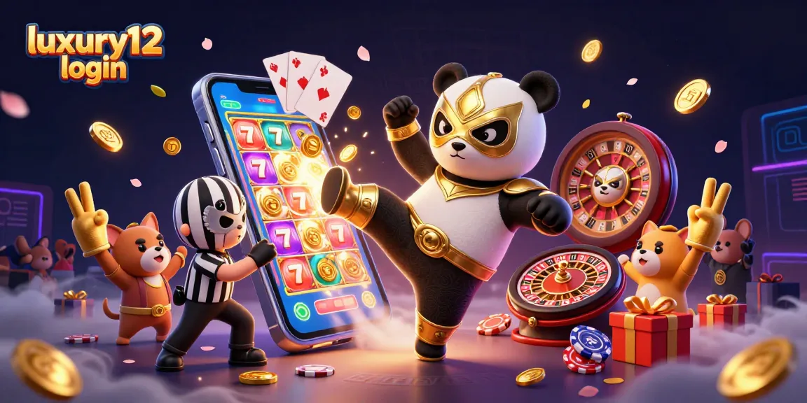 Engage with luxury12 login as a panda wrestler performs in a lively casino scene filled with game elements.