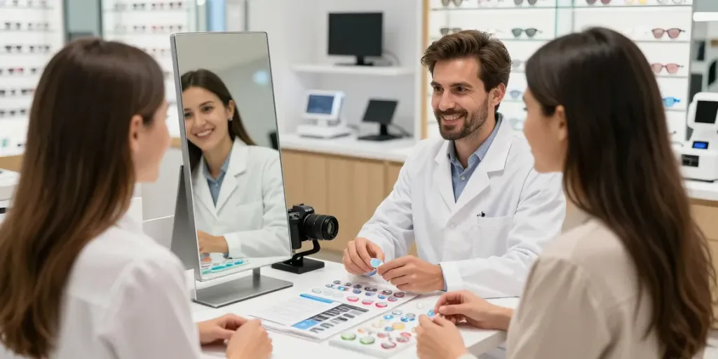 Consulta sobre lentes de contato em loja com profissional ajudando cliente.