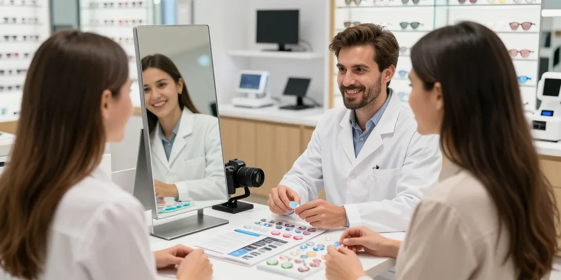 Consulta sobre lentes de contato em loja com profissional ajudando cliente.