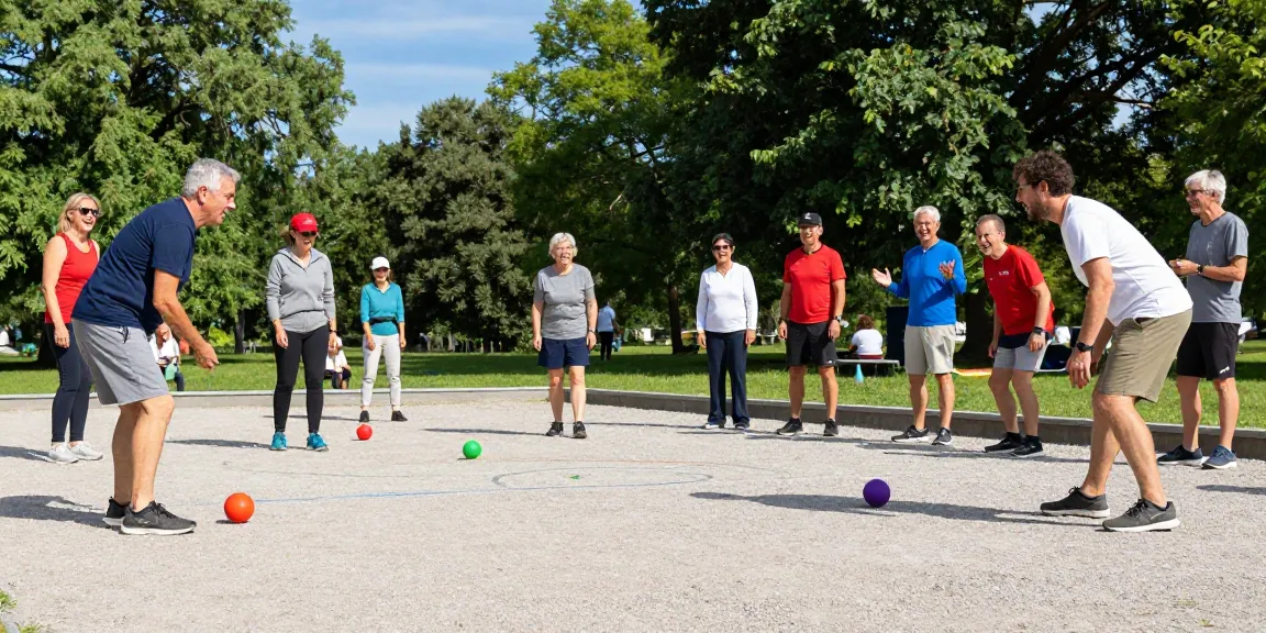 Aktivitas petanque di fopikotamanado.org dengan pemain beragam menikmati permainan di taman yang cerah.
