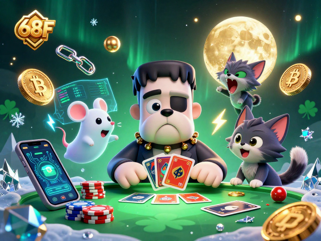 O gráfico 68F mostra um bulldog Frankenstein jogando cartas com um gato lobo em um cenário de cassino assustador.