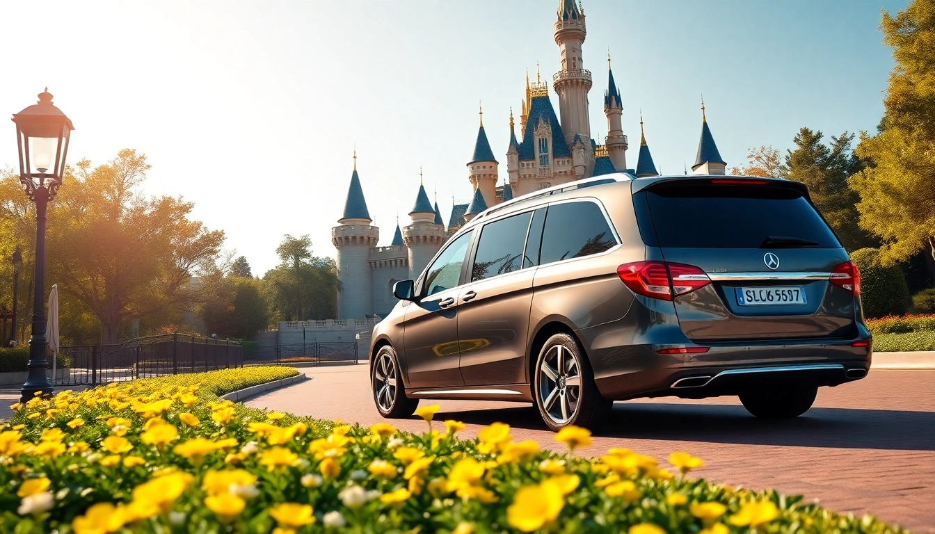 A luxury vehicle for Beauvais Airport to Disney Transfer parked near Disneyland Paris, showcasing a cheerful atmosphere.