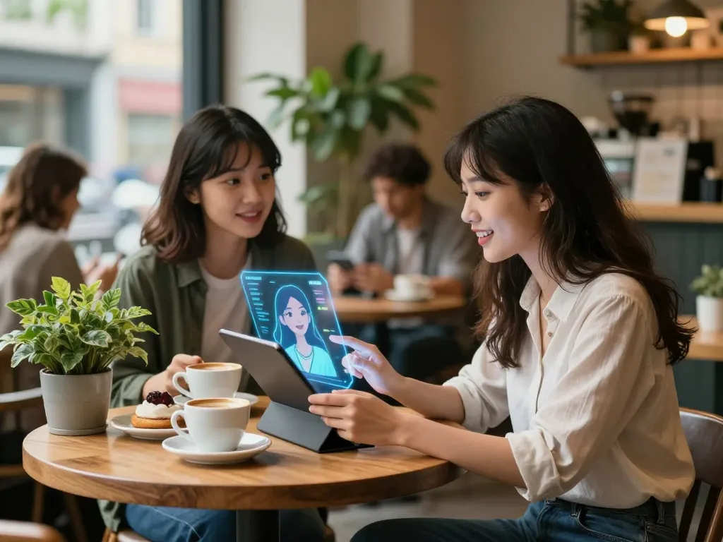 Young woman interacting with her AI girlfriend in a coffee shop, showcasing modern companionship.