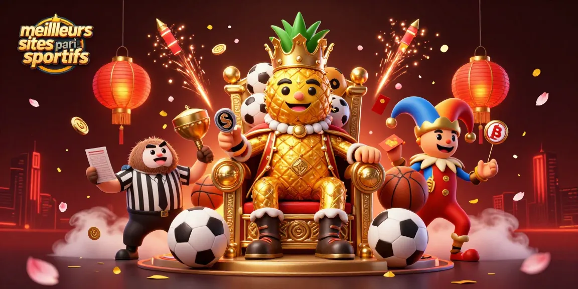 Illustration dynamique des meilleurs sites paris sportifs avec le roi ananas et des éléments de paris sportifs.