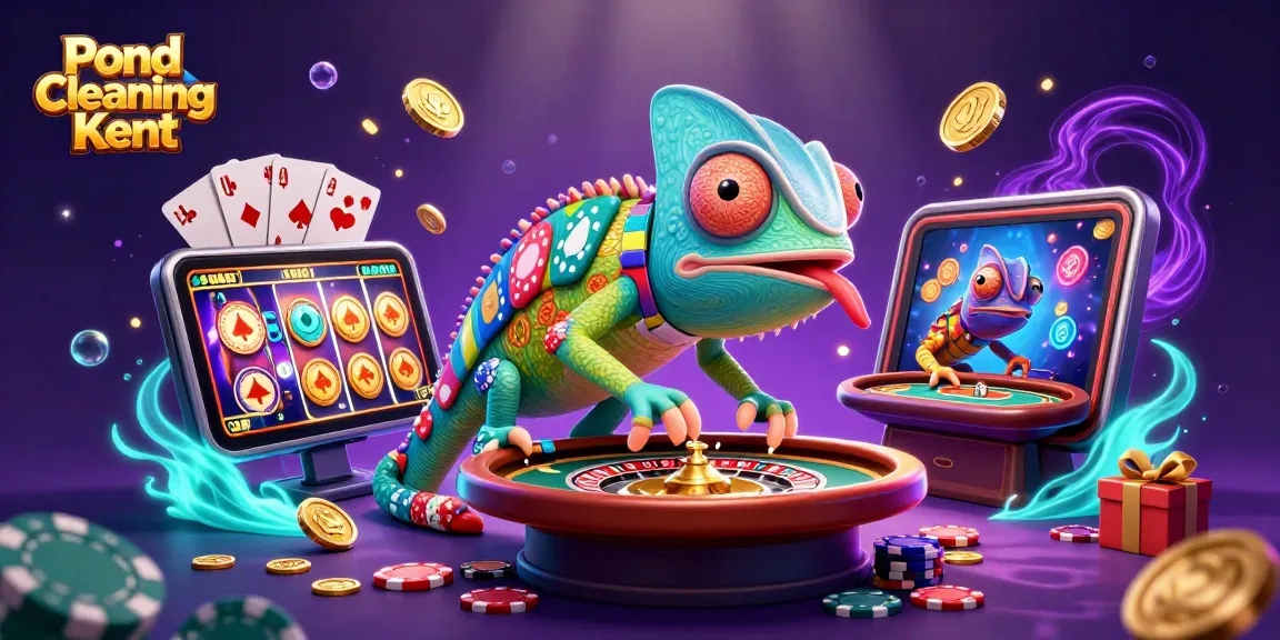 Pond Cleaning Kent showcases a vibrant casino scene with a colorful chameleon owner, golden coins, and dynamic gaming elements.