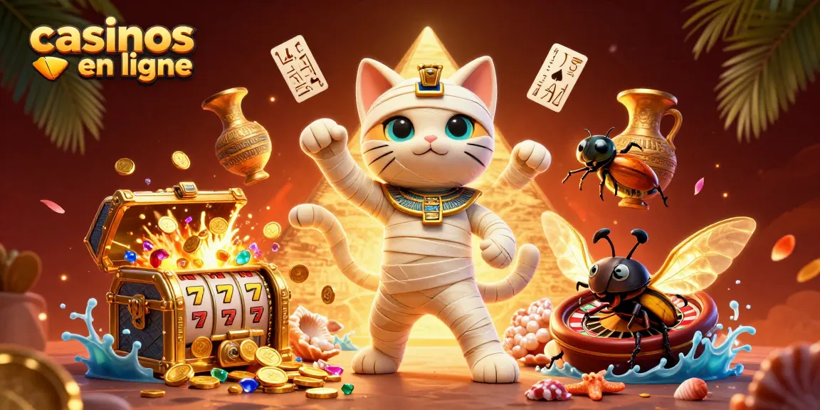 Des casinos en ligne en pleine action avec un chat momie 3D élégant et vibrant, des jeux et trésors flottants.