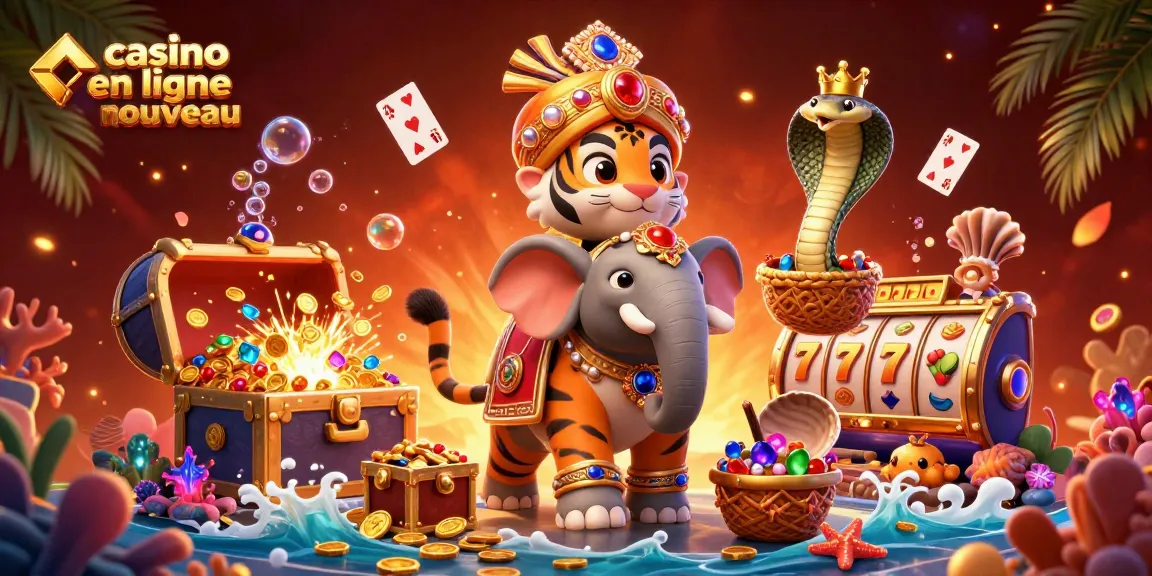 Le casino en ligne nouveau propose une illustration 3D animée d'un tigre maharaja et d'un éléphant, entourés de symboles de jeux.