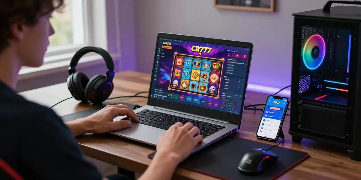 Pengguna sedang memainkan apk slot CR777 di laptop dengan aksesori gaming di meja.