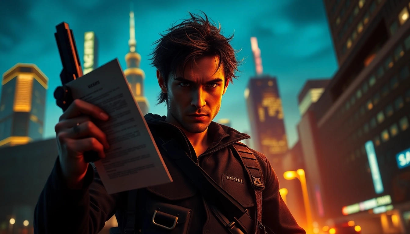 Assassin holding a contract and firearm, symbolizing Contracts and Bullets action-packed saga.