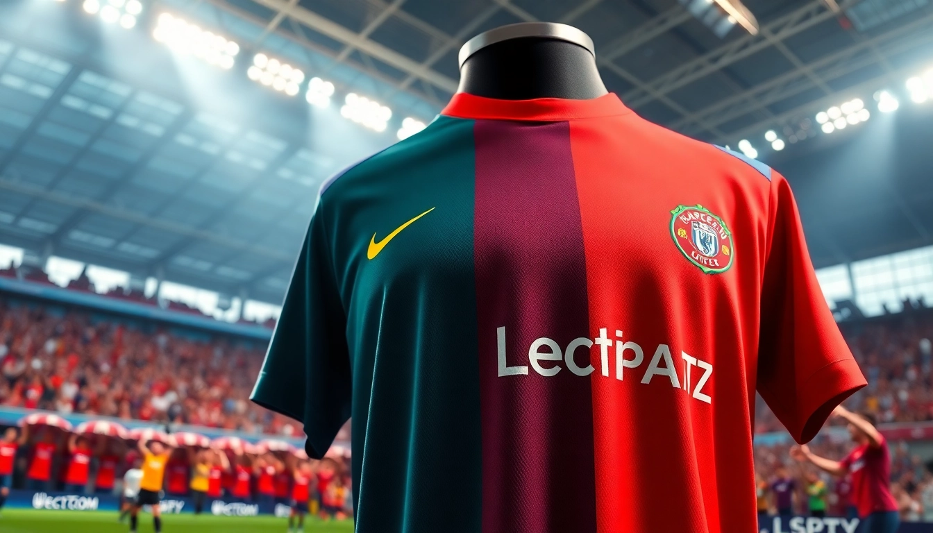 Showcasing a vibrant Team kit in a stadium, highlighting colors and sponsor logos.
